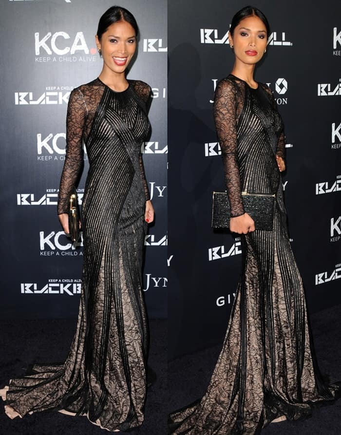 Geena Rocero stuns in an intricate lace and striped gown at the Keep a Child Alive Black Ball