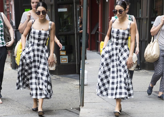 Vanessa wore a midi-length gingham-print dress for her stroll