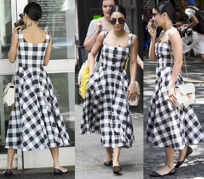 Vanessa Hudgens looked feminine in a retro Dolce & Gabbana tea-length dress and black d’Orsay flats