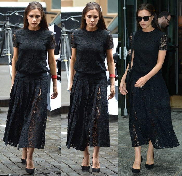 Victoria Beckham rocks black pumps from Casadei with a matching dress