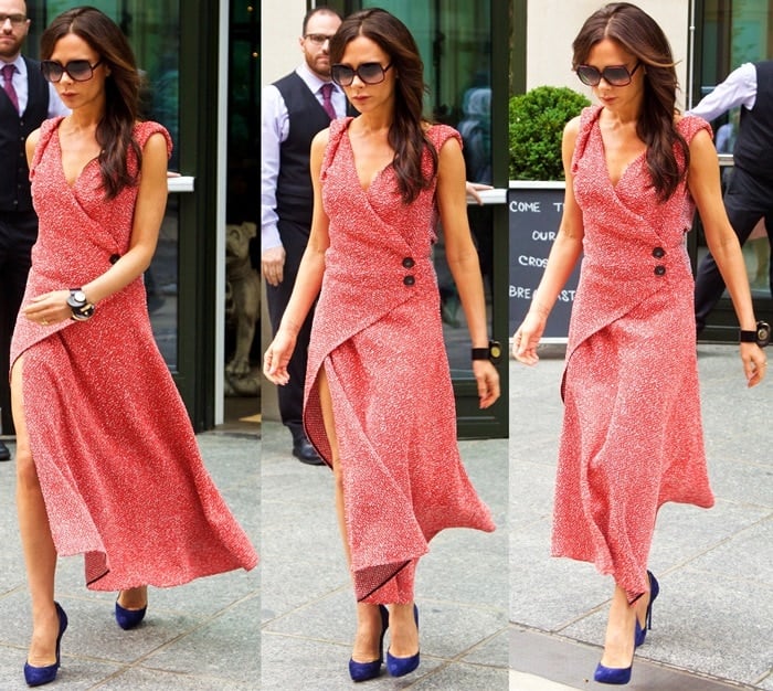 Victoria Beckham wears a vivid red asymmetric maxi dress