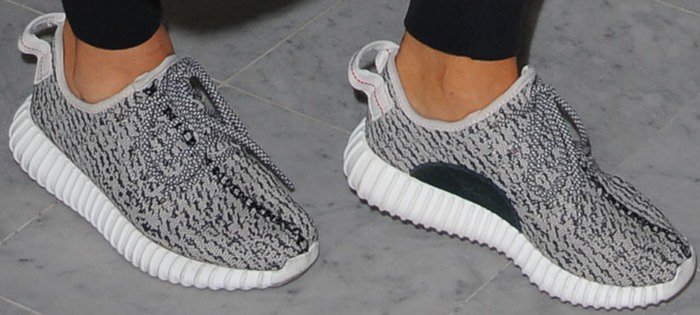 A close-up of the detail on Kim's "Yeezy 350 Boost" sneakers