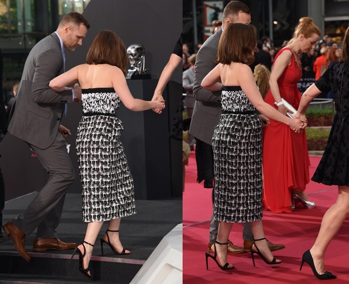 Emilia Clarke attending the Berlin premiere of Terminator Genisys with a foot injury