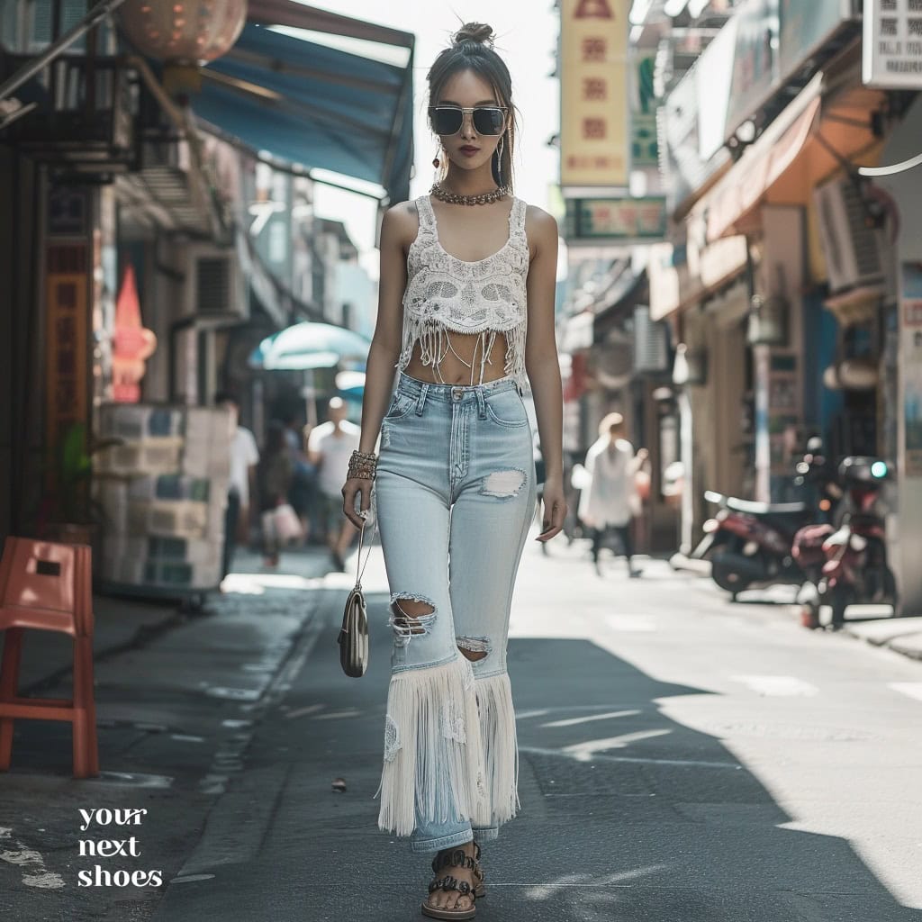 Rocking a trendy look, this stylish woman pairs high-rise distressed flare jeans with a fringed crop top, completing the outfit with reflective sunglasses and chic accessories