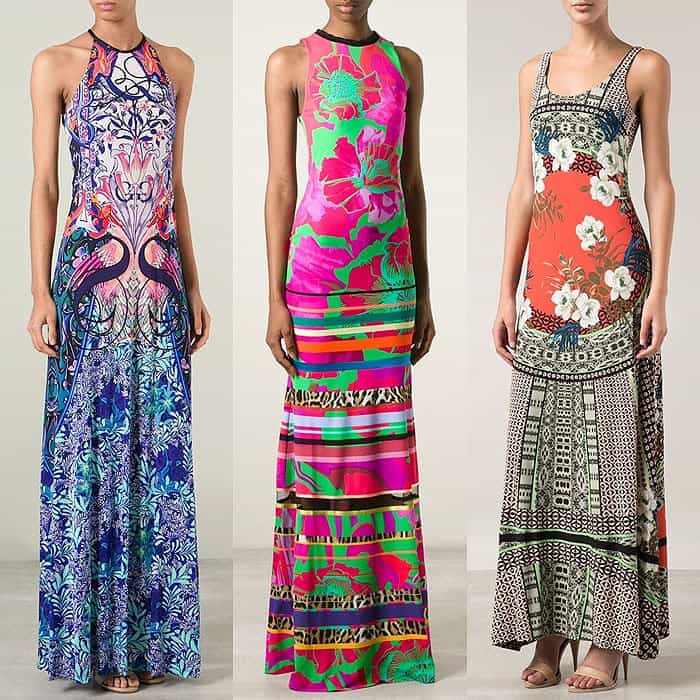 Mary Katrantzou "Sirene" Halter Dress / Roberto Cavalli Printed High-Neck Long Dress / Etro Floral-Print Scoop-Neck Dress