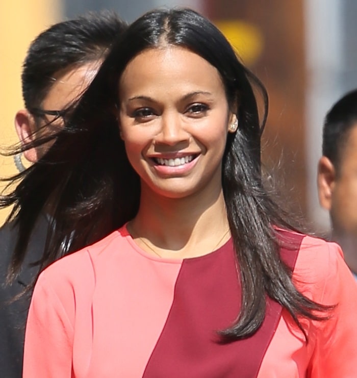 Zoe Saldana arriving at the ABC Studios for an appearance on "Jimmy Kimmel Live" in Los Angeles on June 11, 2015
