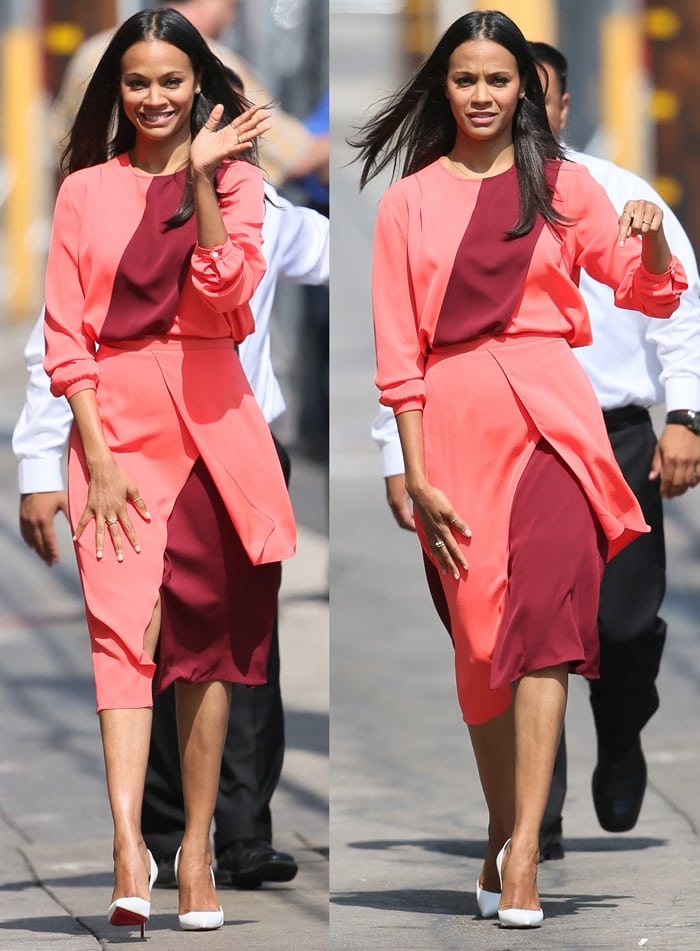 Zoe Saldana wearing a color-blocked skirt and blouse combo
