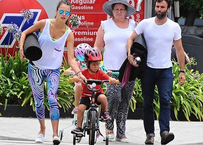 Alessandra Ambrosio and fiancé Jamie Mazur take their kids Anja and Noah out for lunch