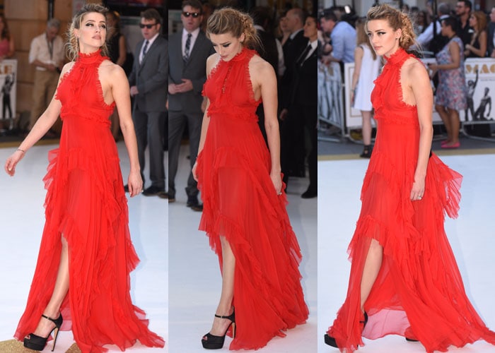 Amber Heard's dramatic red Emilio Pucci ruffled dress