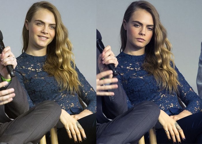 Cara Delevingne shows off her long wavy hair as she smiles at a Q&A session in New York