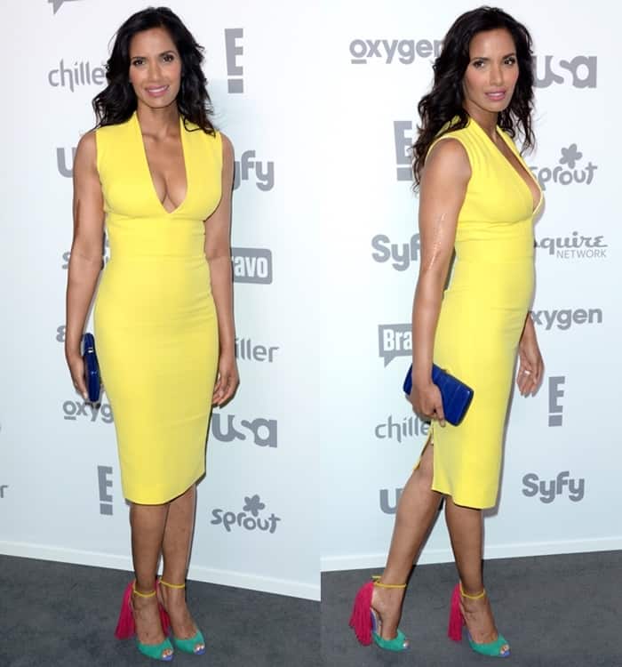 Padma Lakshmi flaunted her curves in a stunning, figure-hugging yellow dress with a plunging neckline at the 2015 NBC Universal Cable Entertainment Upfront