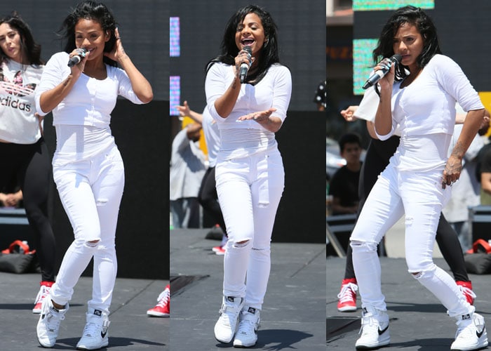 Christina Milian's dark bob waves in the wind as she practices