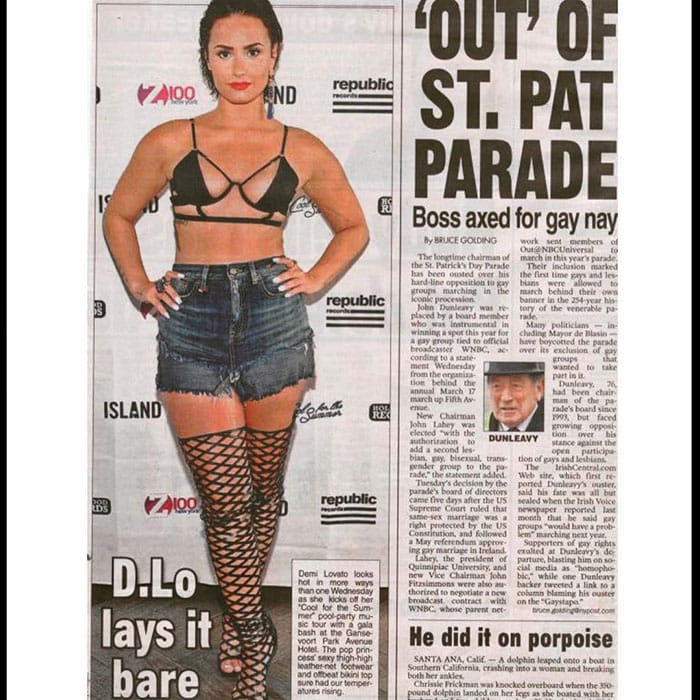 Demi Lovato shares an Instagram picture of a "New York Post" story featuring her controversial concert costume