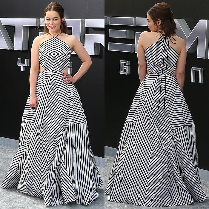 Emilia Clarke showing other angles of her Rosie Assoulin Fall 2015 striped dress