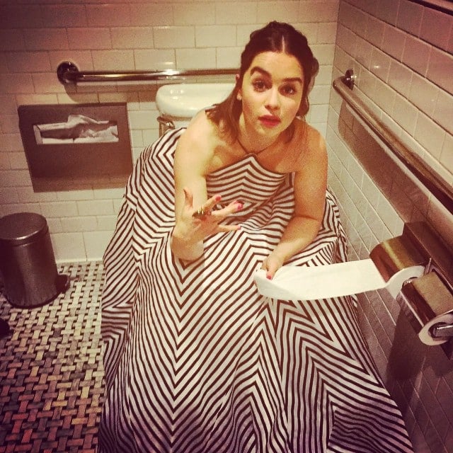 Emilia Clarke's Instagram post captioned, "A lil' help here...? Big dress, big problems. #behindthescenesreality#thankgodforlargeloos #terminatorgenisys what the red carpet missed...;)" -- posted on June 28, 2015