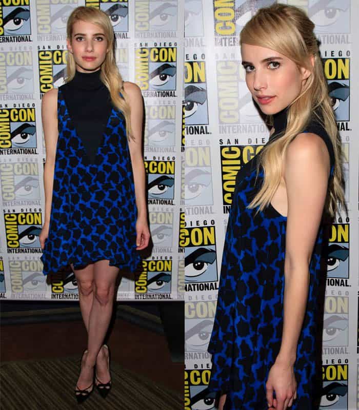 Emma Roberts elegantly donned a navy and black printed Tanya Taylor Fall 2015 turtleneck mini dress, complemented by a pair of Bionda Castana black bow detail pumps at the "American Horror Story" and "Scream Queens" panel