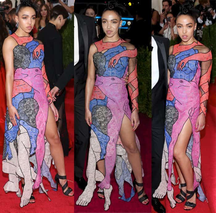 FKA Twigs styled her provocative dress with sandals and elaborate hairstyle