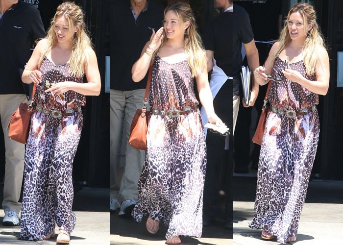 Hilary Duff wears a leopard maxi dress