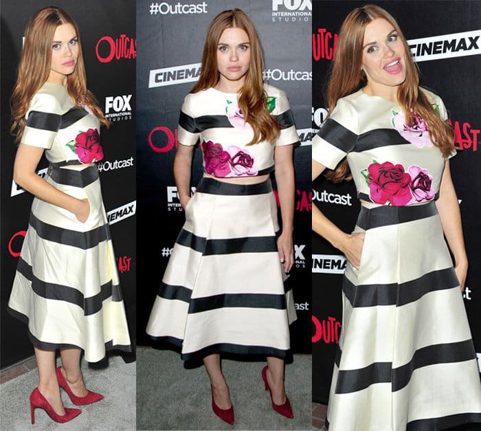 Holland Roden wearing a captivating black and white floral and stripe ensemble consisting of a Kate Spade NY crop top and a matching flare midi skirt at FOX International Studios' Comic-Con Party Celebrating Robert Kirkman's New Drama "Outcast"