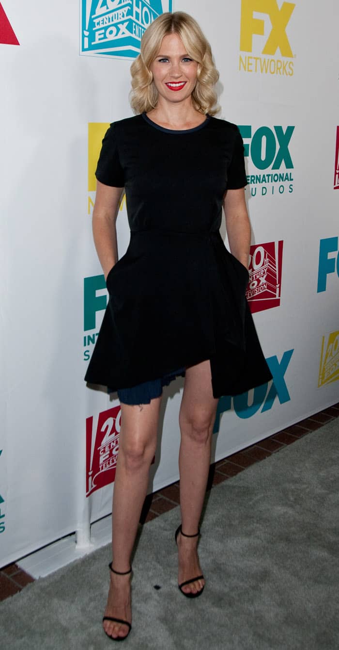 January Jones added a unique touch to the classic black dress with her choice of attire at the Comic-Con International 2015 - 20th Century Fox Party