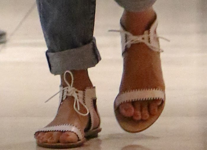 Jessica Alba shows off her subtle nude pedicure in a pair of Loeffler Randall sandals