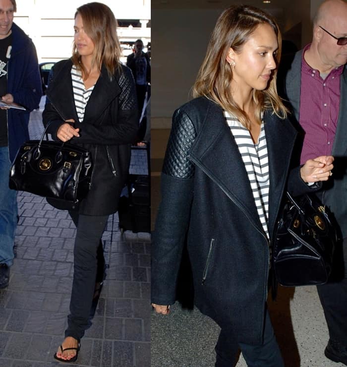 Jessica Alba totes Ralph Lauren's Ricky bag at Los Angeles International Airport