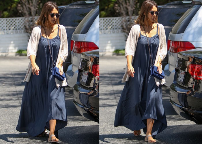 Jessica Alba wearing a maxi dress by Pink Stitch and a cardigan by Inhabit