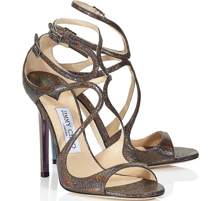 Jimmy-Choo Anthracite Holographic Printed Leather Strappy Sandals