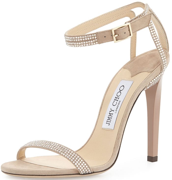 Jimmy Choo "Daisy" Crystallized Ankle-Wrap Sandals in Nude