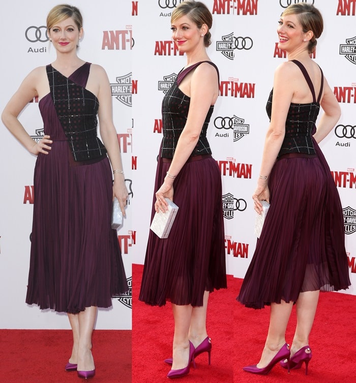 Judy Greer paraded her hot legs in a burgundy dress from New York-based fashion designer and costume designer Bibhu Mohapatra