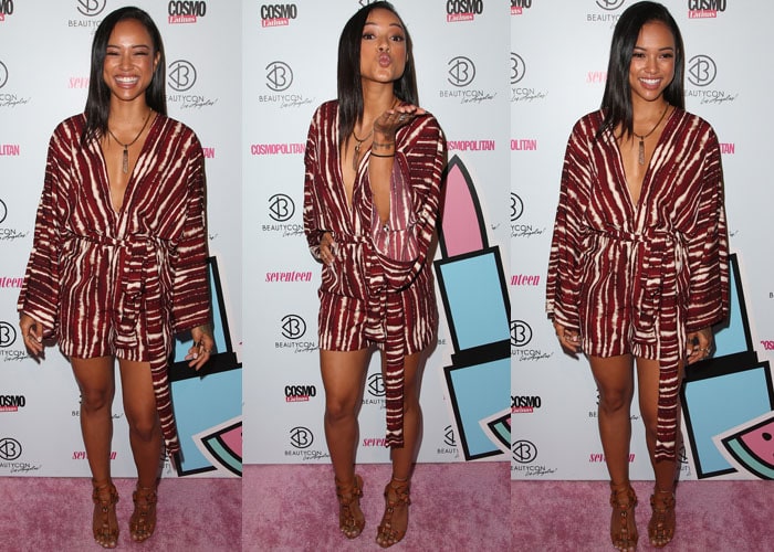 Karrueche Tran flaunts her legs in a Philthy Ragz Miss Fawcett romper