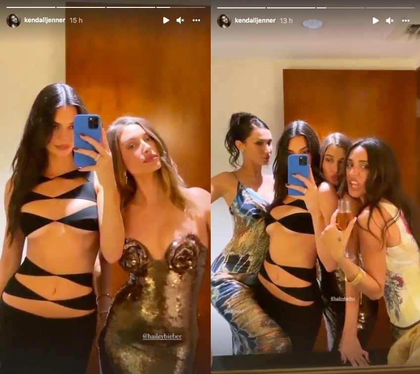 Via Kendall Jenner's Instagram: Kendall wears a Monot diamond-cutout two-piece maxi dress as she takes bathroom selfies with Hailey Bieber, Bella Hadid and Jesse Jo Stark