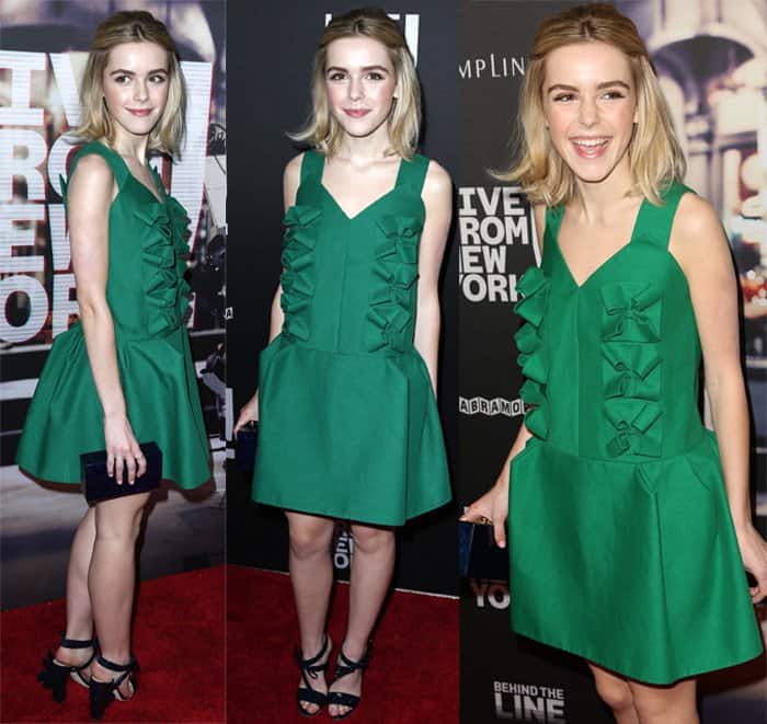 Kiernan Shipka captivates in a vibrant green Delpozo Spring 2015 dress that perfectly captures her youthful essence at the Los Angeles Premiere of Abramorama’s “Live from New York!”