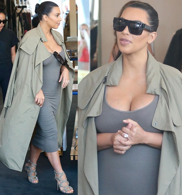 The clingy low-cut dress flaunted her ample cleavage, curvy hips, and burgeoning baby bump