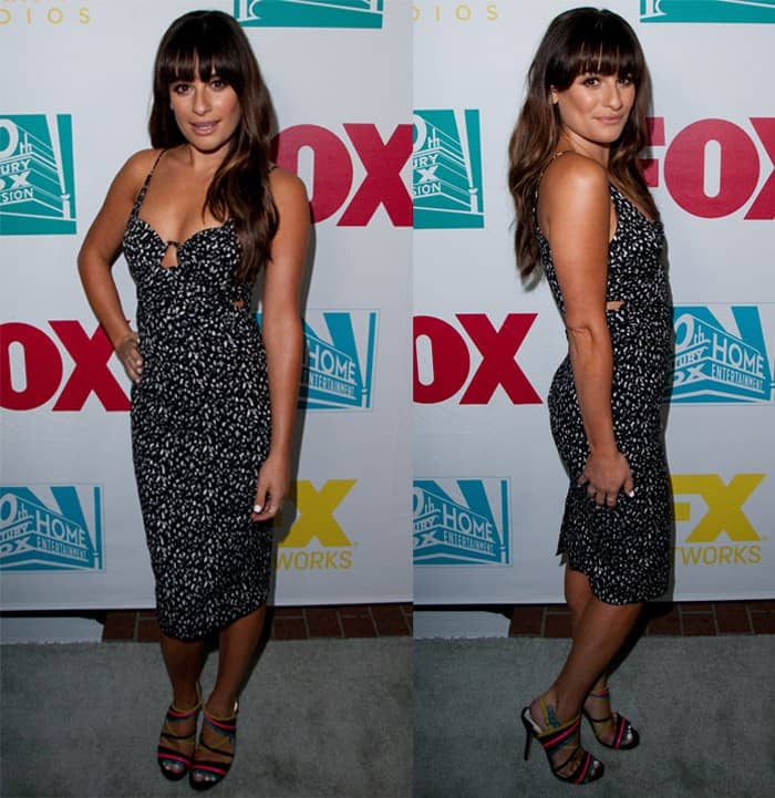 Lea Michele elegantly dressed in a black and white Zimmermann printed dress, beautifully paired with strappy sandals from Jimmy Choo at the Comic-Con International 2015 - 20th Century Fox Party