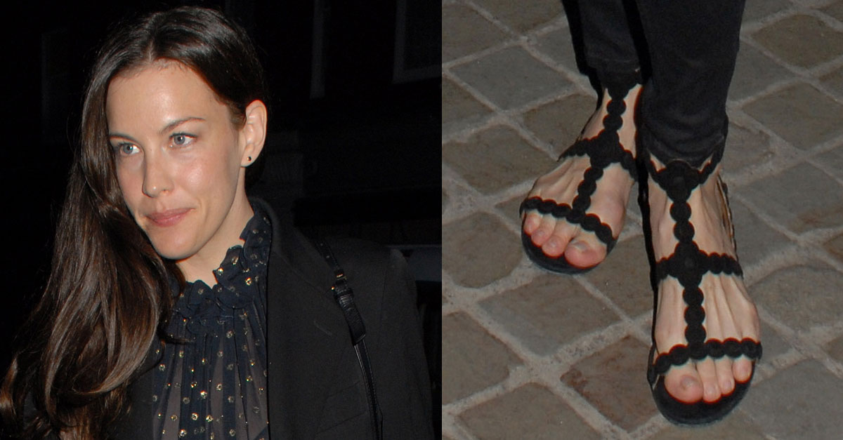 Liv Tyler's Post-Baby Body in See-Through Top and Flat Sandals.