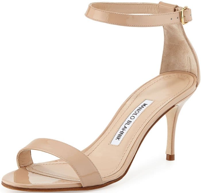 Manolo Blahnik Chaos Patent Ankle-Strap Sandal in Nude