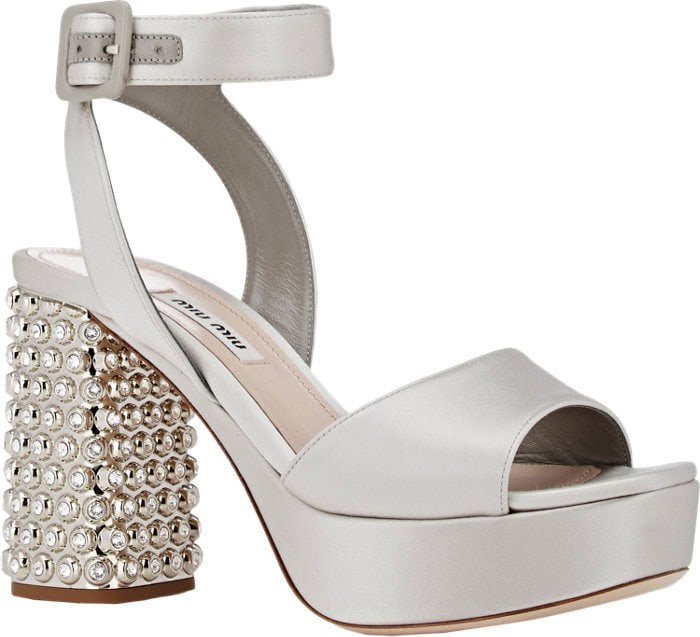 Miu Miu Crystal-Embellished Satin Sandals Pearl Gray