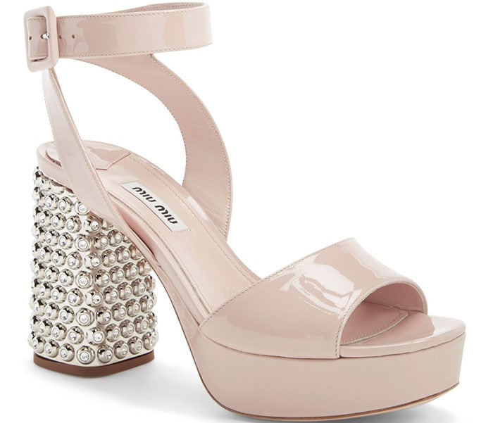 Miu Miu Crystal-Embellished Satin Sandals Blush Patent