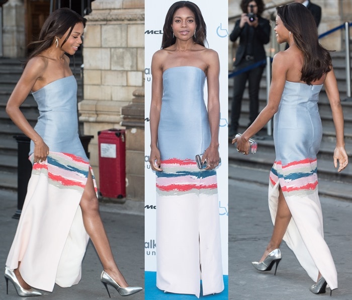 Naomie Harris pairs her graphic Tory Burch gown with metallic Giuseppe Zanotti pumps for a polished, red carpet-ready finish