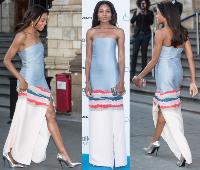 Naomie Harris in a colorful strapless dress from the Tory Burch