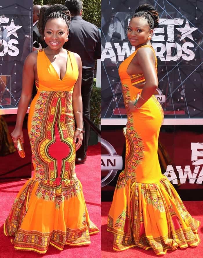 Naturi Naughton in a stunning form-fitting mermaid gown with a graphic print and warm tones by Kyemah McEntyre at the 2015 BET Awards