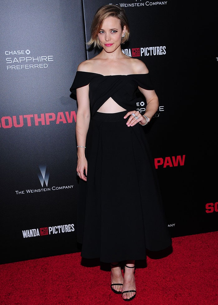 Rachel McAdams wears a classic black pair of Stuart Weitzman sandals to complete her all-black look