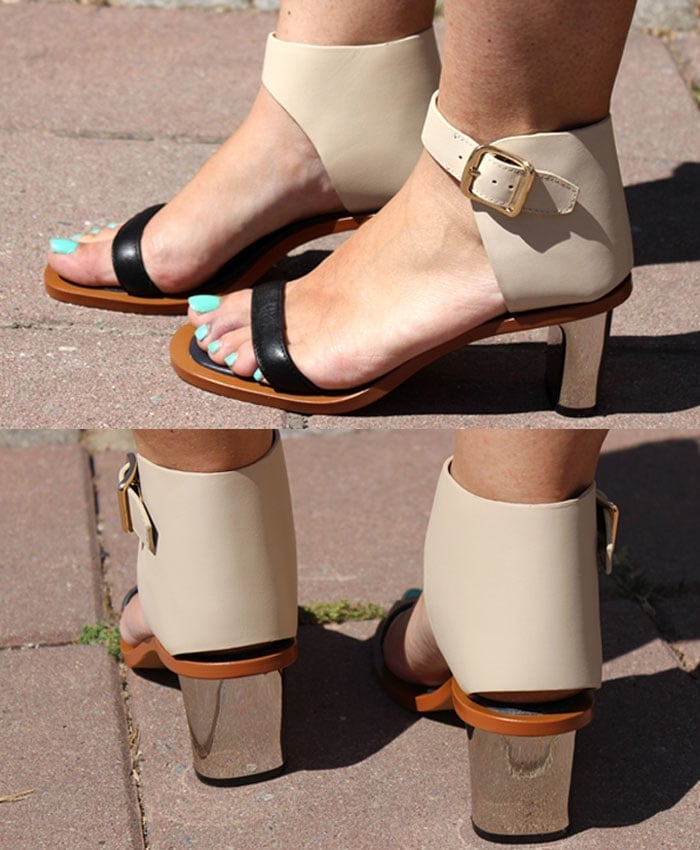 Rebel's sexy feet in edgy sandals with metal heels