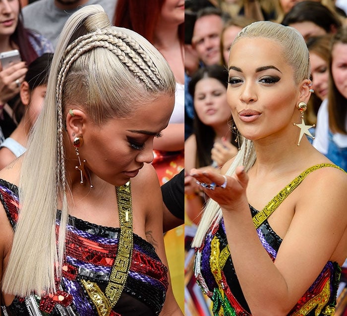 Rita Ora Wears Blonde Hair in High Ponytail With Cornrow Braids