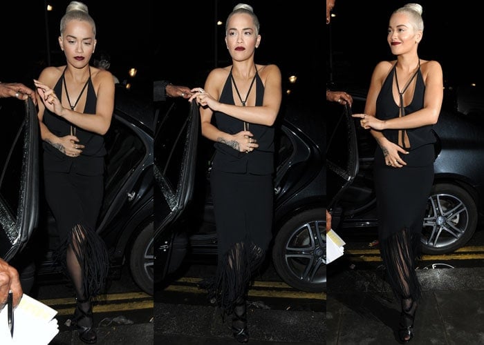 Rita Ora steps out of a black car in an all-black outfit