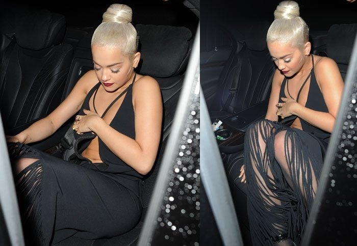 Rita Ora strategically holds her top in place as she shifts around inside a black car
