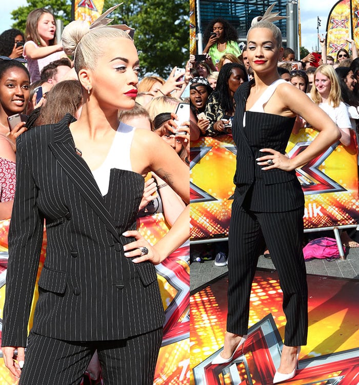 Rita Ora's platinum blonde hair was scraped back into a tightly structured updo