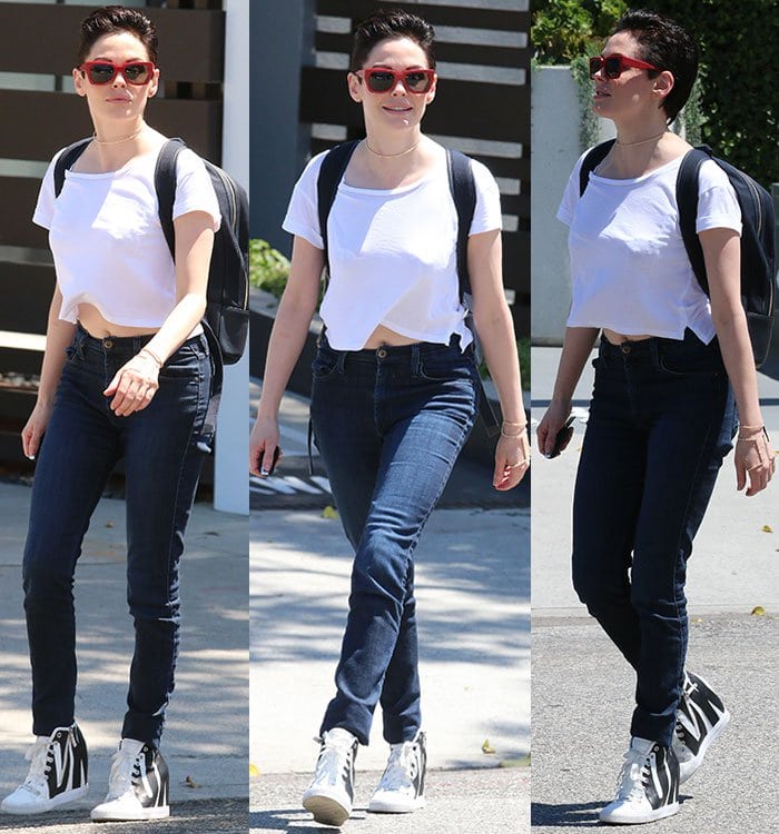 Rose McGowan leaving the UTA (United Talent Agency) headquarters rocking a pompadour and a pair of DKNY sneaker wedges