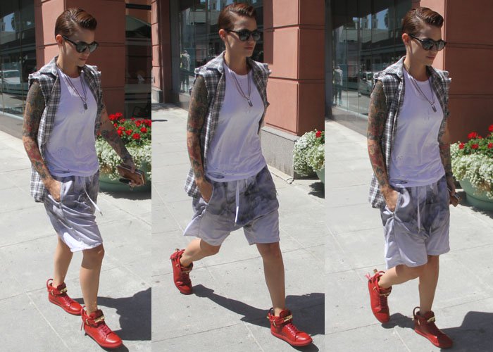Ruby Rose channels Justin Bieber in a flannel shirt and loose shorts